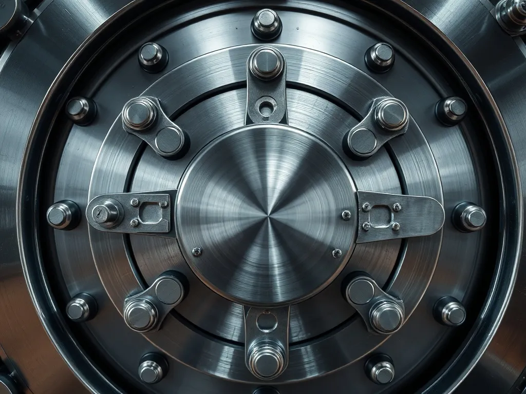 Close-up of a modern bank vault door mechanism, industrial s