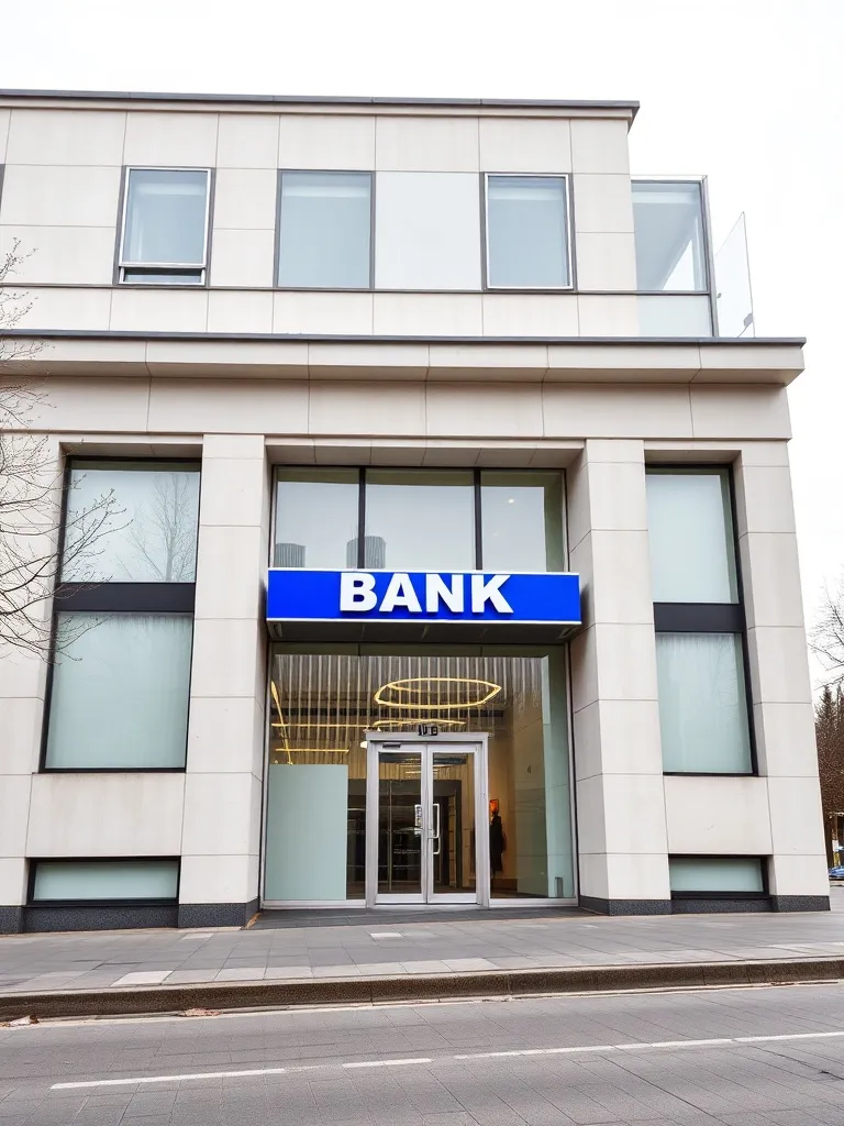 A professional architectural photo of a modern bank building