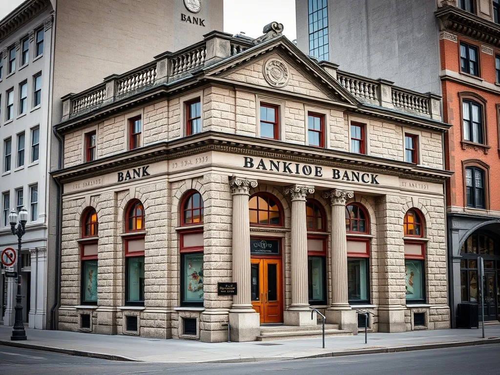 A vintage 19th century bank building in Canada, stone archit