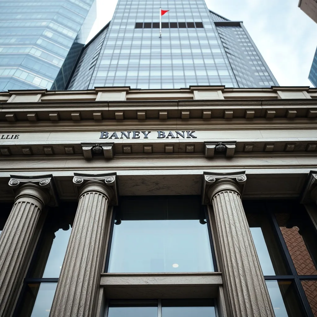 A close-up high-quality photo of a classical bank building f