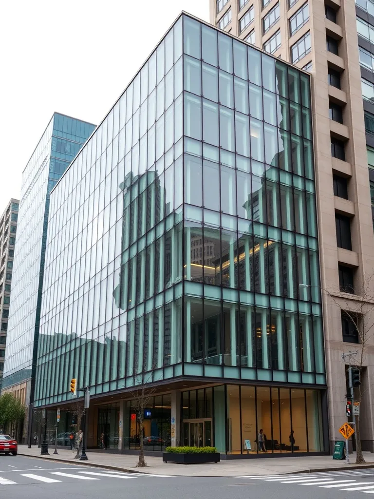 A professional wide shot of a modern glass bank building in